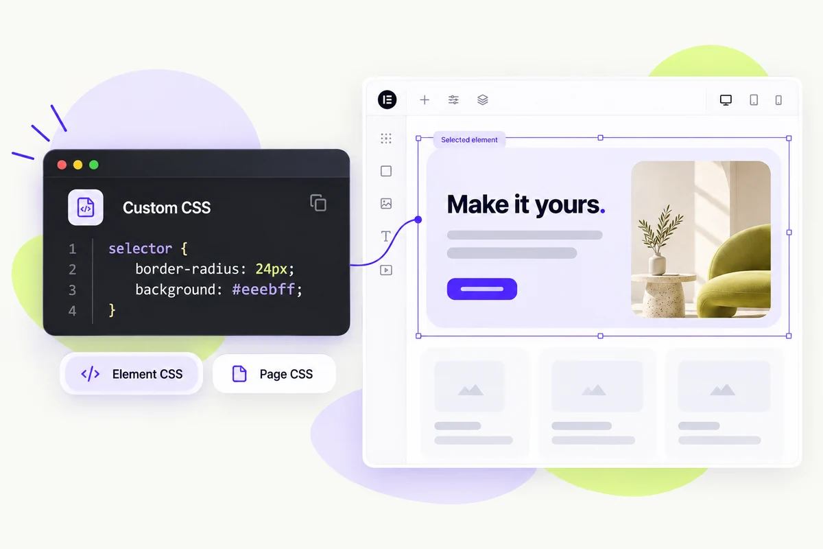 A Custom CSS code panel connected to the styled element in an Elementor layout.
