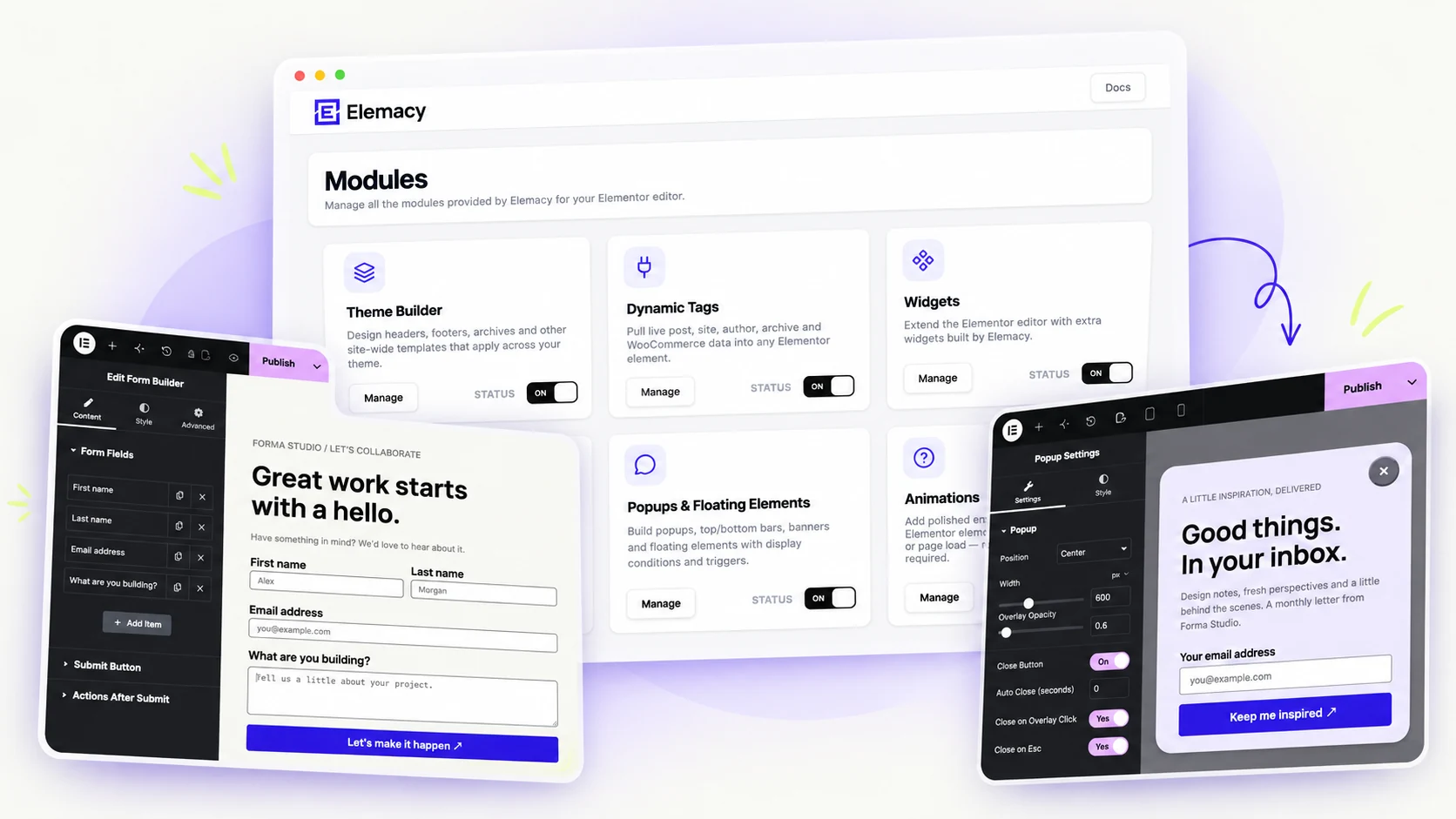 Elemacy module manager, enquiry form, and newsletter popup in one Elementor toolkit.