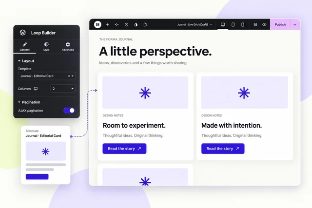 A reusable editorial card flowing into a dynamic journal grid.