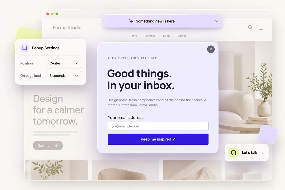 A custom newsletter popup, announcement bar, and floating contact card.