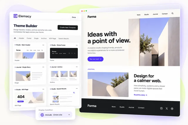 A finished studio website paired with Theme Builder templates and a display condition.