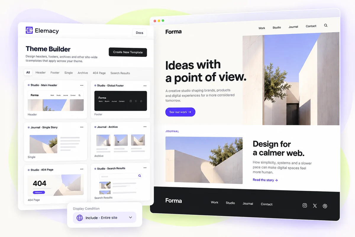 A finished studio website paired with Theme Builder templates and a display condition.